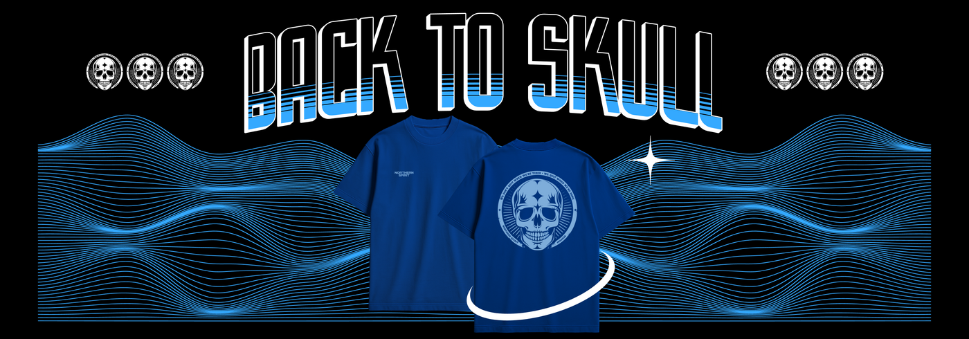 Unisex blue t-shirts from Northern Spirit Back to Skull collection displayed on a wavy blue background with the text “Back to Skull – Skull is back in the game, limited edition”.