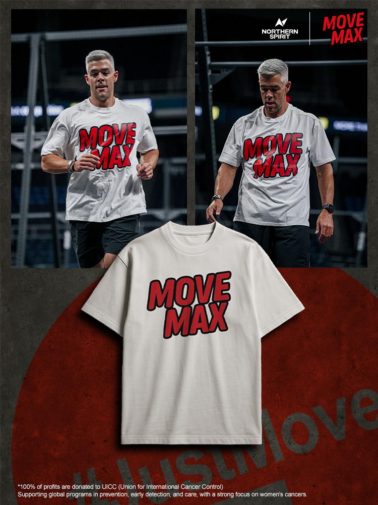 Northern Spirit MoveMax white T-shirt with red logo featured alongside male athlete wearing it during CrossFit® workout supporting UICC women’s cancer prevention campaign.