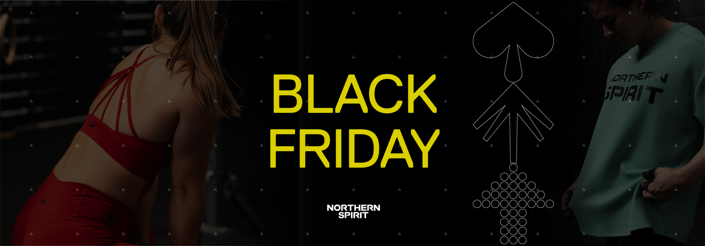 Northern Spirit Black Friday banner with female athlete in red sports bra and male athlete in green oversized tee, functional fitness apparel.