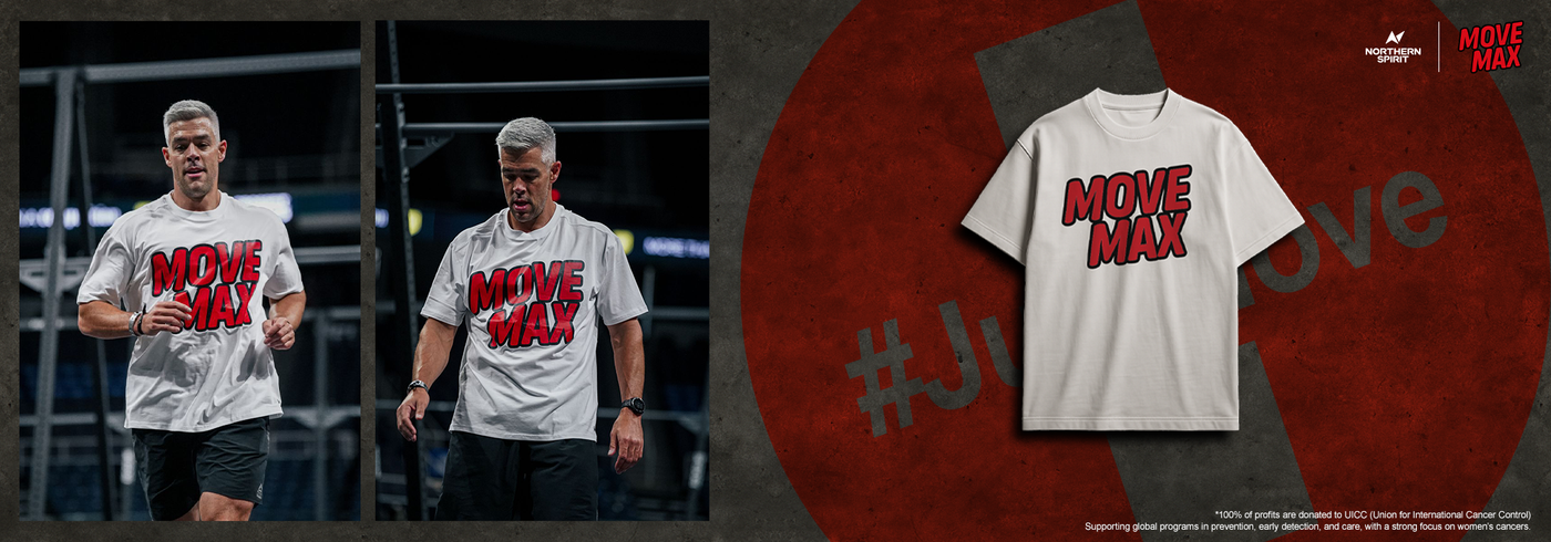 Male athletes wearing Northern Spirit MoveMax white T-shirts with red logo during CrossFit® workout, alongside product display supporting women’s cancer prevention campaign.