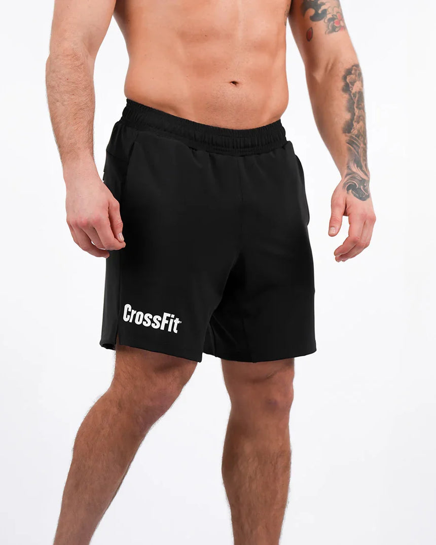 Men’s black CrossFit® adjustable 8-inch shorts with side branding, lightweight and built for training performance.