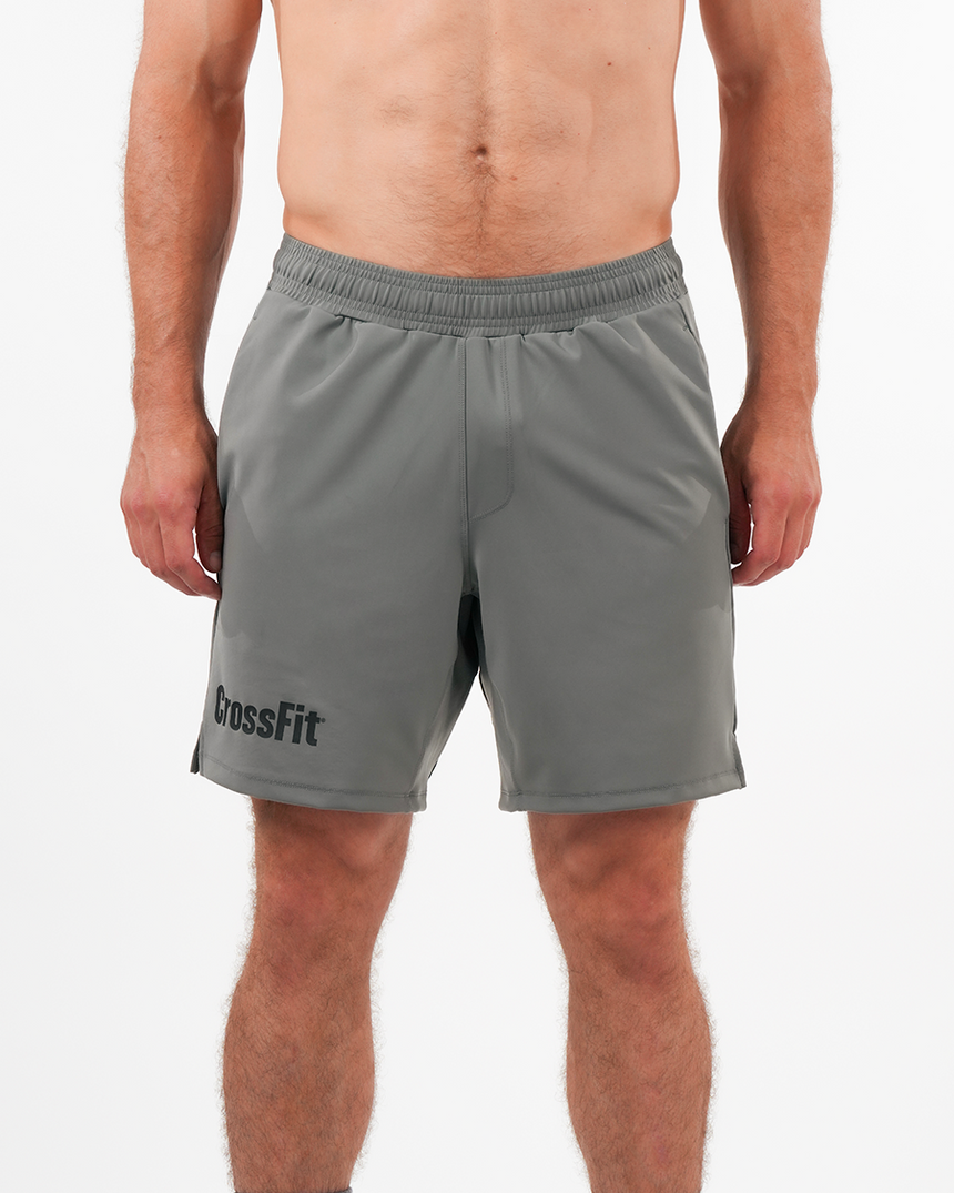 Men’s CrossFit® 8-inch shorts in military stone with tone-on-tone logo, adjustable waistband and lightweight stretch fabric for performance.