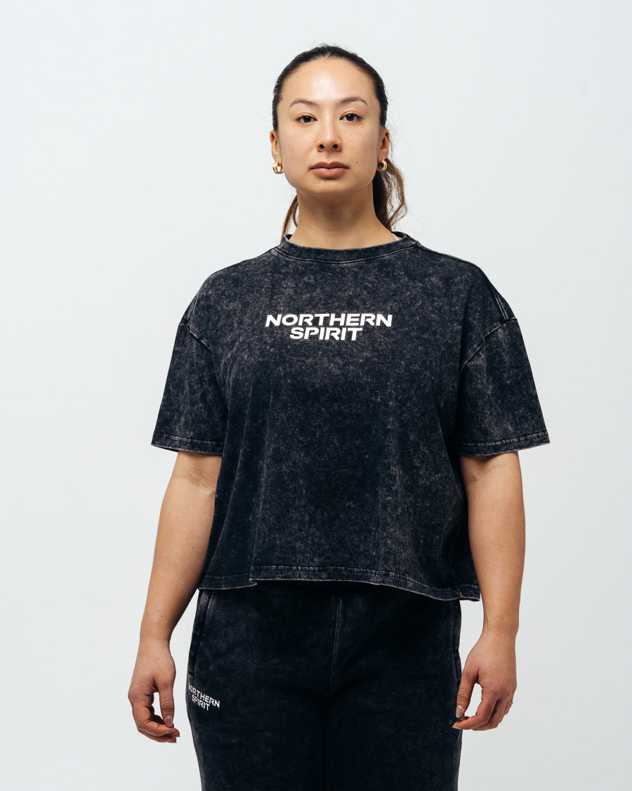 Women's Cozy Oversized Crop Top - Washed Black