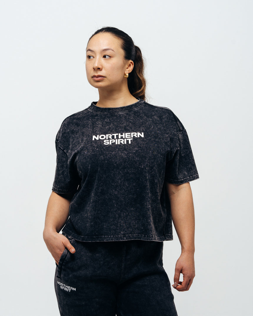 Women's Cozy Oversized Crop Top - Washed Black
