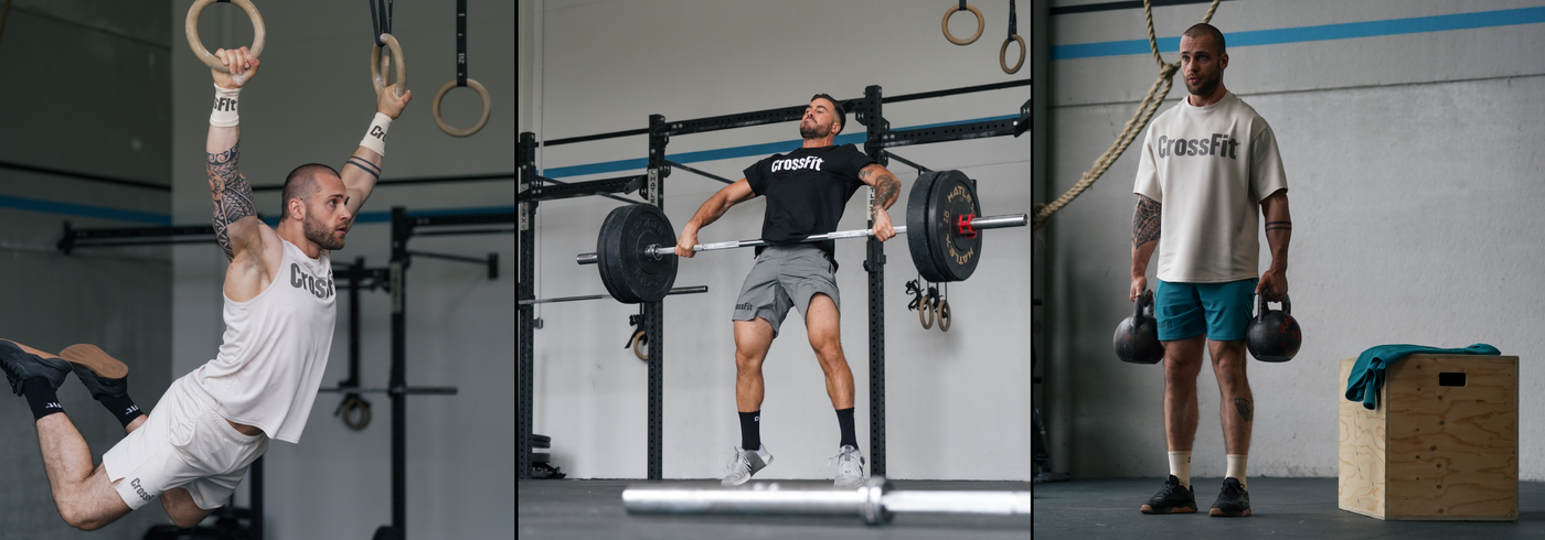 Three athletes performing ring work, Olympic lifting and kettlebell carries in a CrossFit gym, wearing Northern Spirit CrossFit® apparel in white, black and beige for high-intensity functional training