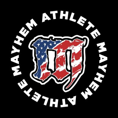 Circular Mayhem Athlete logo — red, white, and blue “M” emblem with bold “Mayhem Athlete” typography around it.