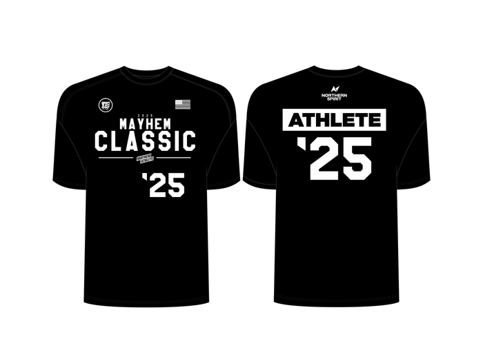 Front and back design of the official Mayhem Classic 2025 Athlete T-shirt — Northern Spirit x Mayhem collaboration for CrossFit competition gear.