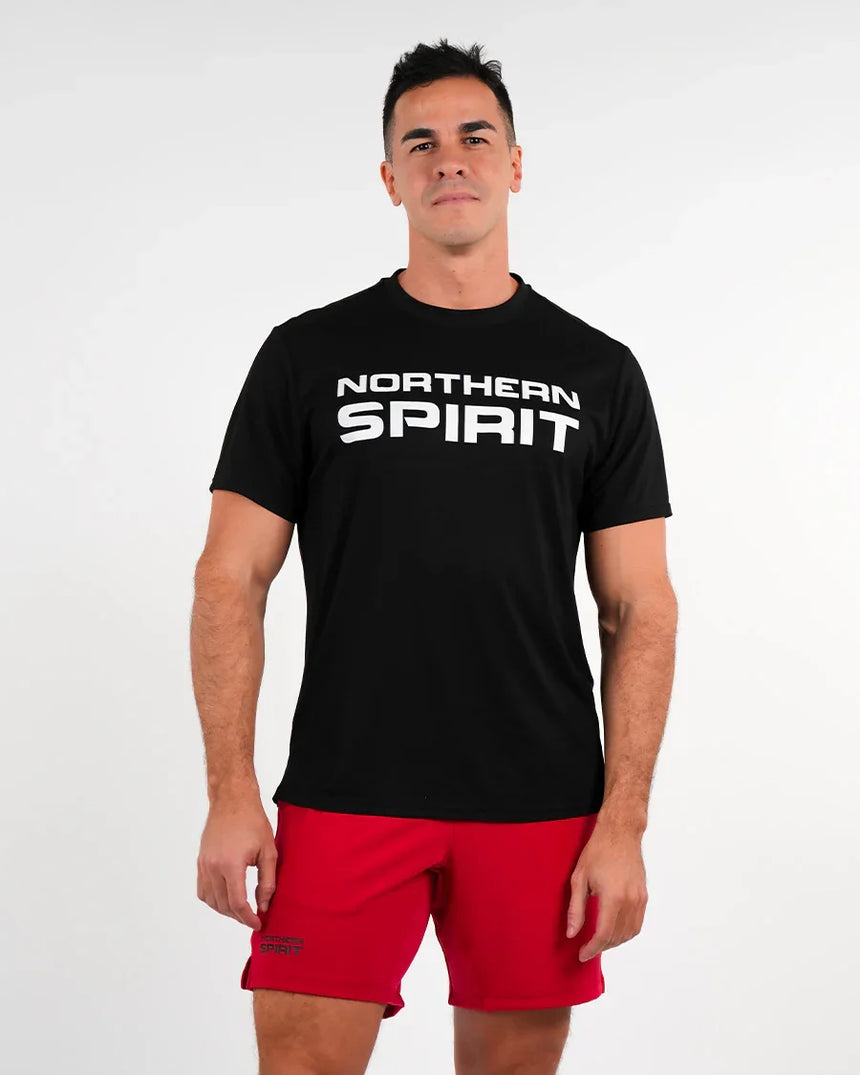 Men’s black Northern Spirit T-shirt with tone-on-tone logo, classic and durable cotton tee built for gym and daily wear.