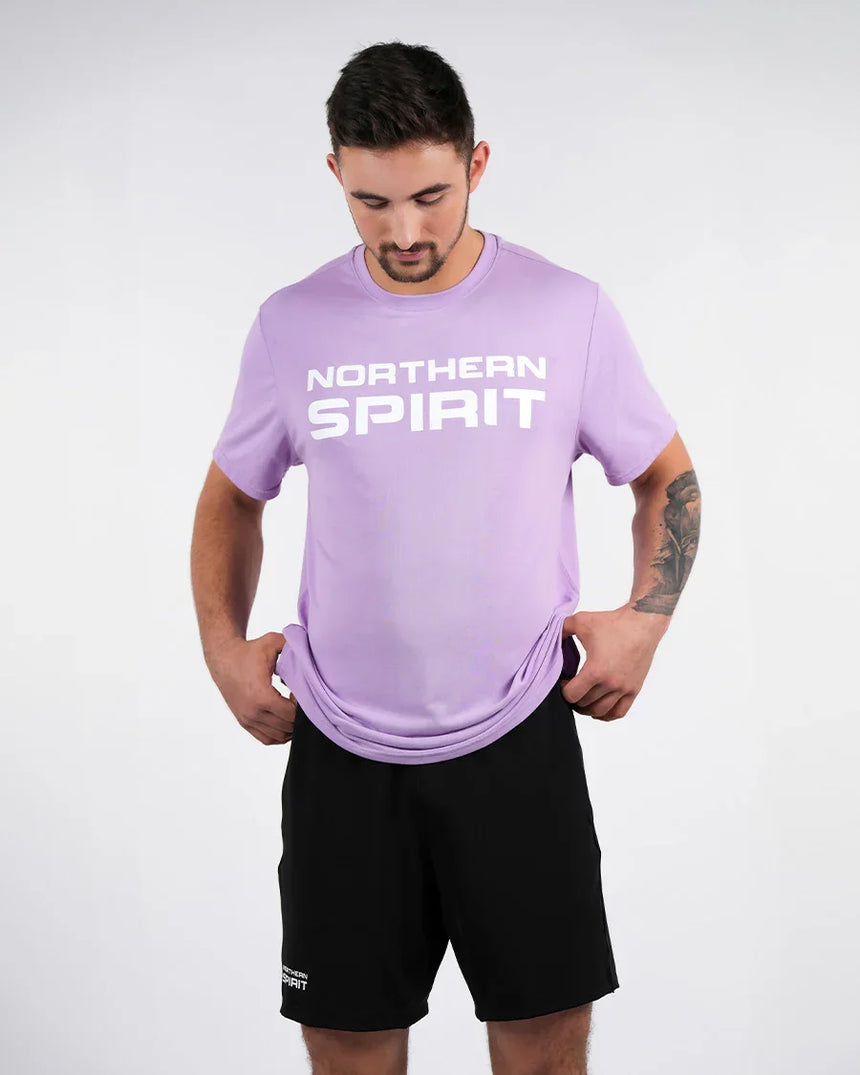 Men’s purple Northern Spirit T-shirt with tone-on-tone logo, soft athletic cut designed for workouts and casual style.