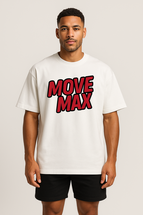 Man wearing a white t-shirt with 'MOVE MAX' text on a plain background
