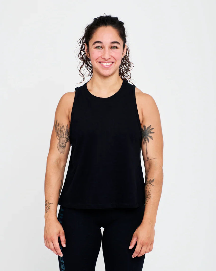 Women’s black Northern Spirit tank top with white logo print, slim athletic fit in breathable stretch cotton.