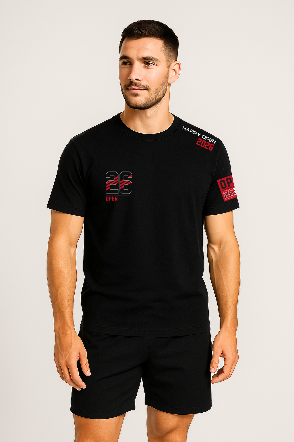 Men’s OPEN 2026 black training t-shirt front view featuring minimalist chest print and Happy Open 2026 shoulder detail by Northern Spirit