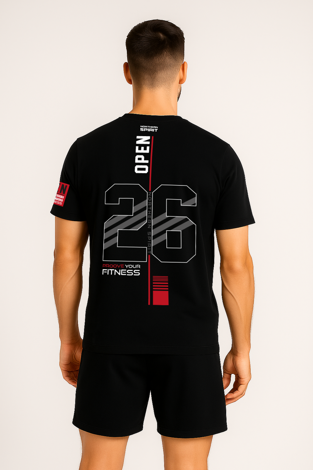 Men’s OPEN 2026 black training t-shirt back view with large vertical OPEN 26 graphic and Prove Your Fitness design by Northern Spirit