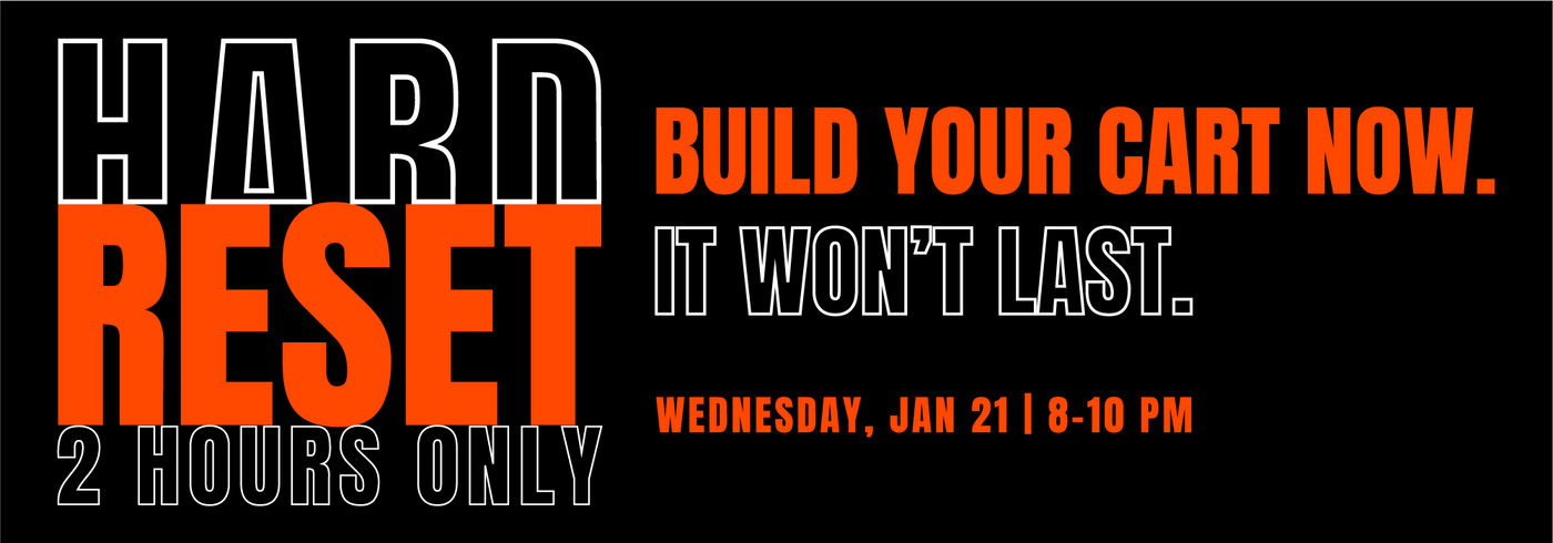 Hard reset sale banner with bold black and orange typography, promoting a two-hour limited online clearance event.