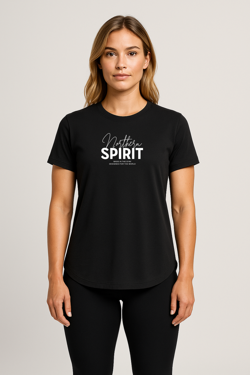 Woman wearing a fitted black Northern Spirit script logo T-shirt standing facing forward in a neutral studio setting
