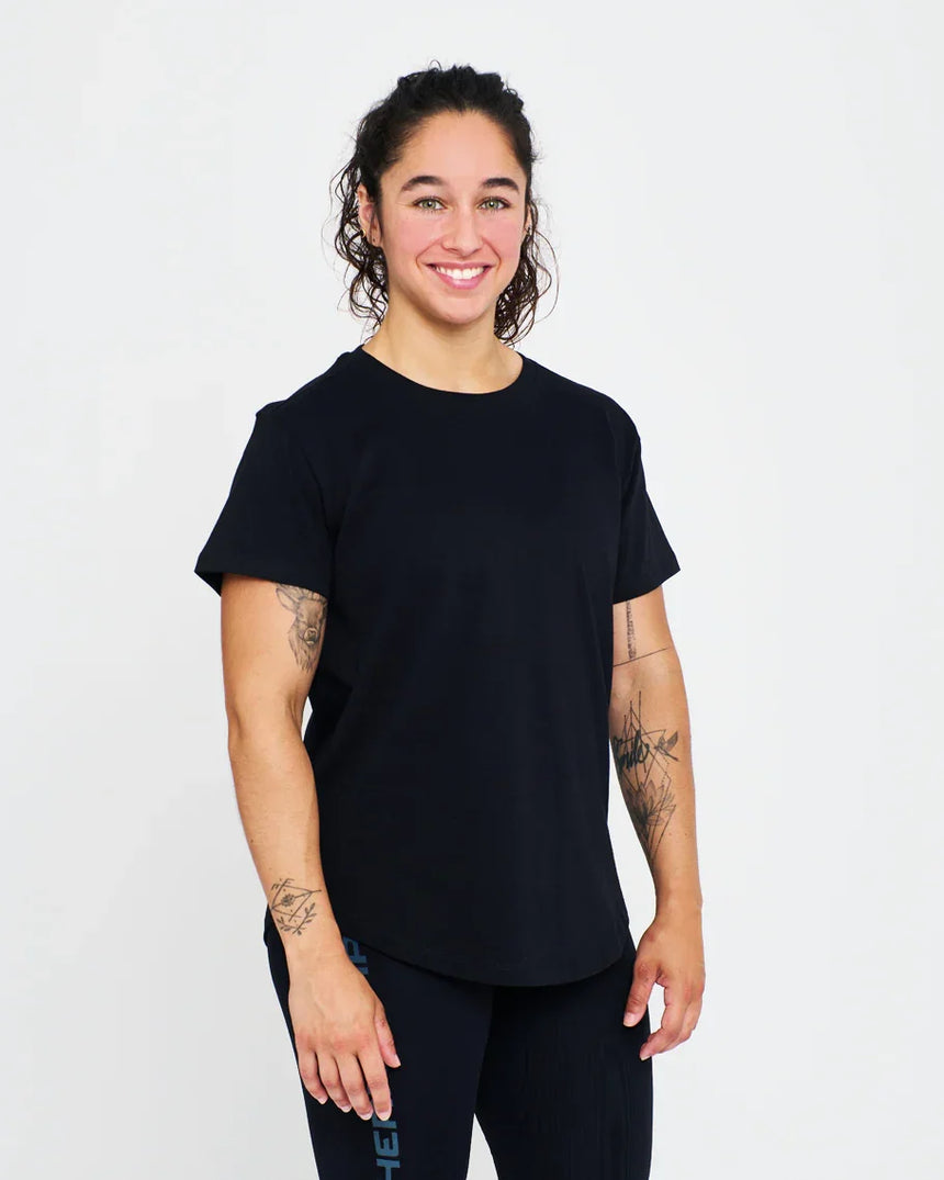 Women’s dark ink Northern Spirit basic t-shirt with white logo print, soft cotton fabric and clean minimalist design