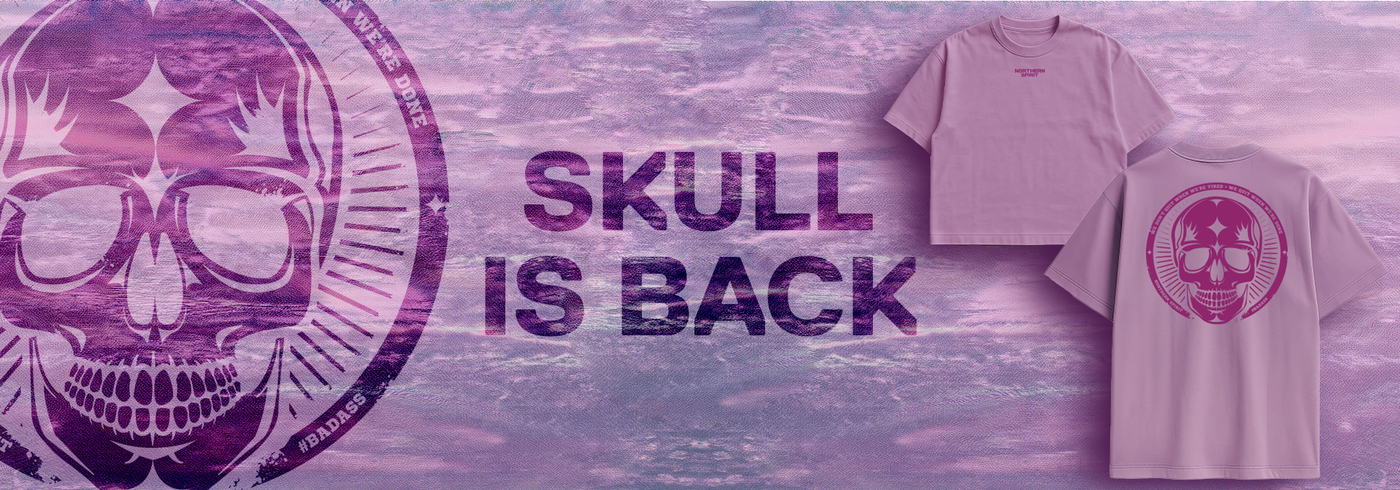 Promotional banner with skull design and 'SKULL IS BACK' text on a purple and blue gradient background.