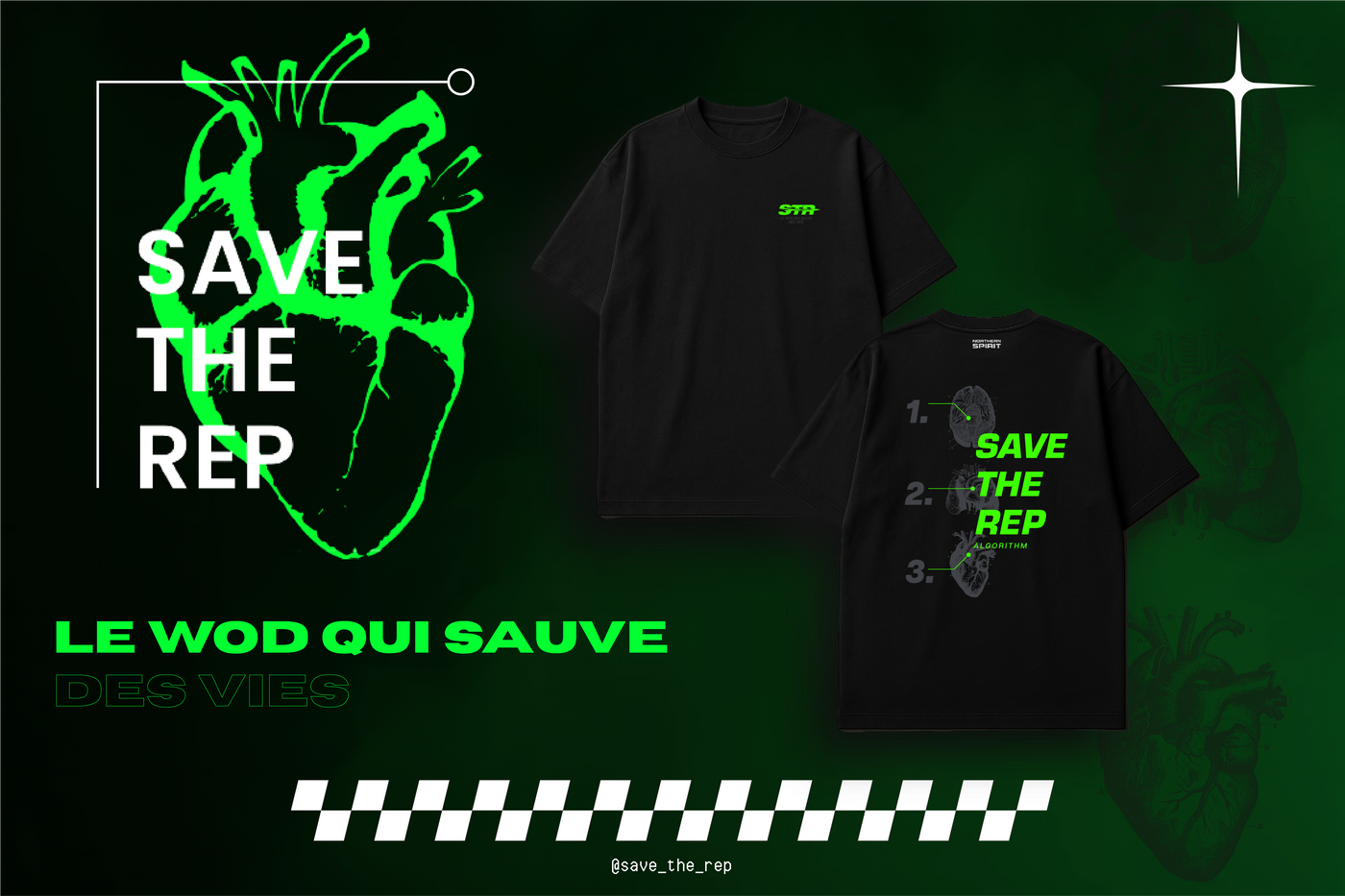 SAVE THE REP — Limited-edition unisex “STR Algorithm” oversized T-shirt by Northern Spirit. Black tee featuring neon green heart and anatomical graphics symbolizing first aid awareness: One algorithm, two questions, three vital organs. Project by Dr. Ilona Bellotto supported by Northern Spirit.