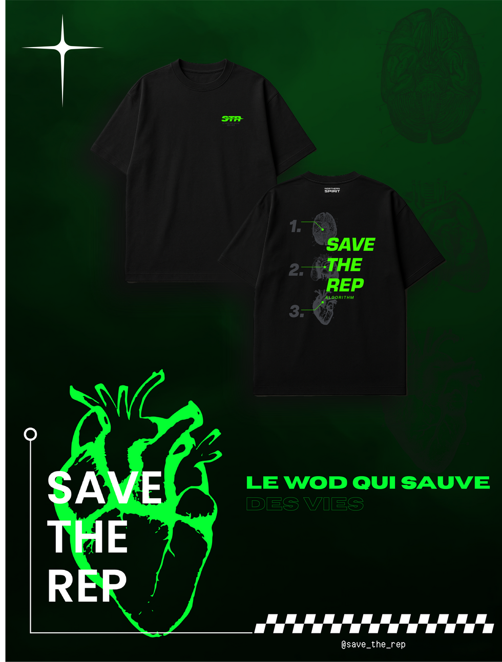 SAVE THE REP — The WOD that saves lives. Black oversized unisex T-shirt with neon green heart and “STR Algorithm” design by Northern Spirit. A CrossFit®-inspired project raising awareness for life-saving reflexes.