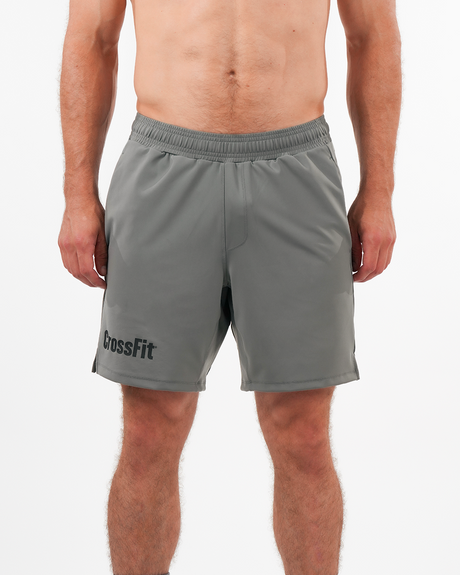 Men’s CrossFit® 8-inch shorts in military stone with tone-on-tone logo, adjustable waistband and lightweight stretch fabric for performance.