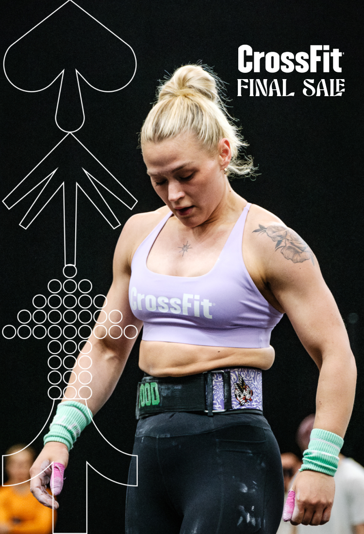 Woman wearing a CrossFit sports bra and leggings with promotional text for a 'Final Sale' on a black background.