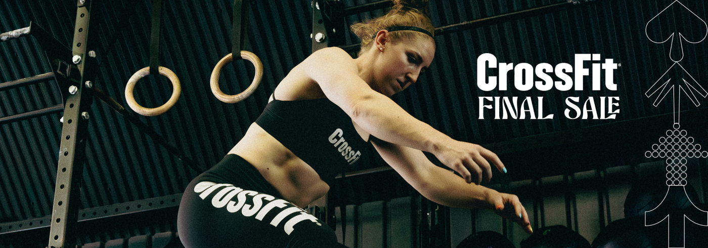 Person in CrossFit attire with 'CrossFit' branding and sale text in a gym setting
