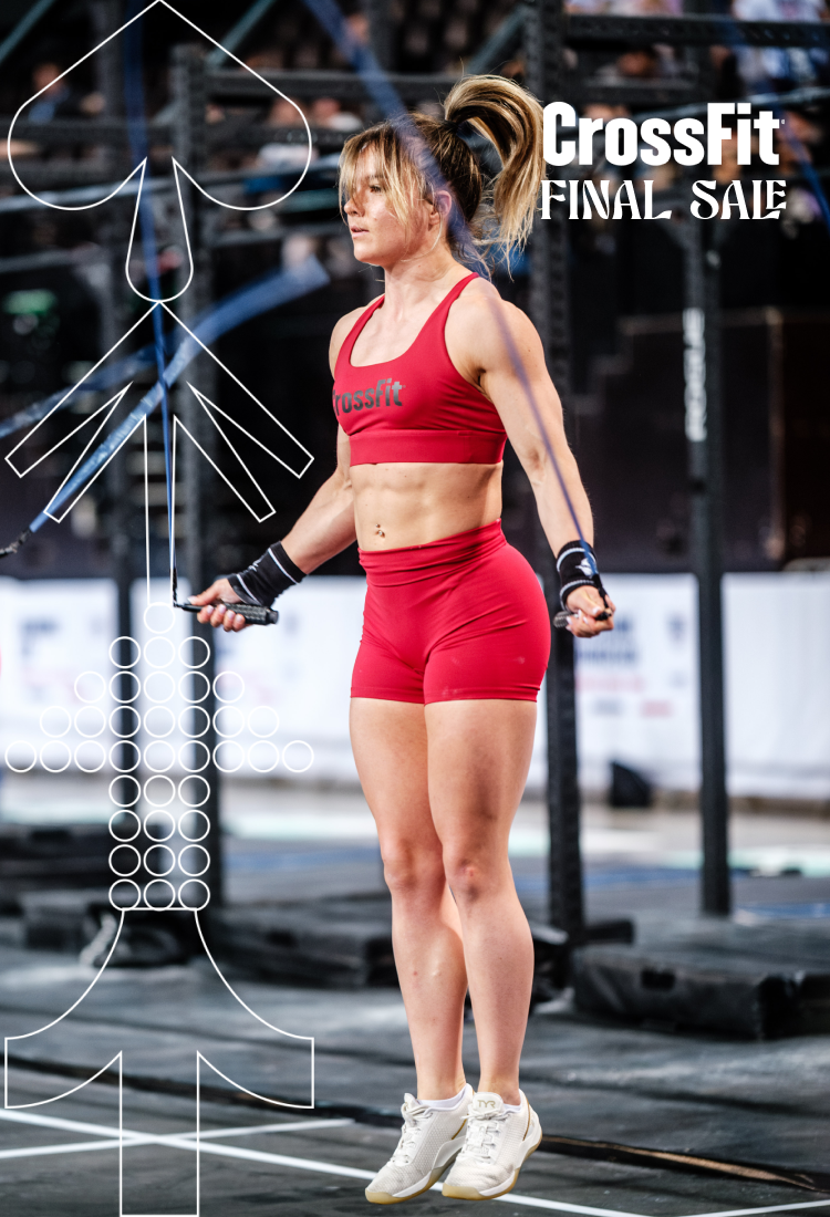 Woman in red CrossFit gear performing pull-ups with promotional text overlay