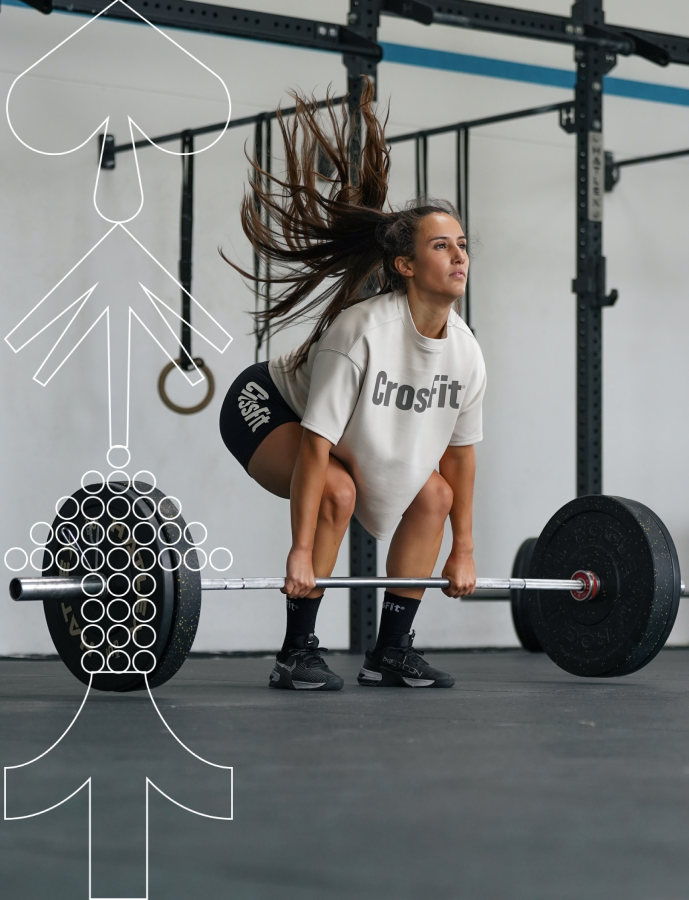 Woman lifting weights with a diagram of a person lifting weights overlayed on the image.
