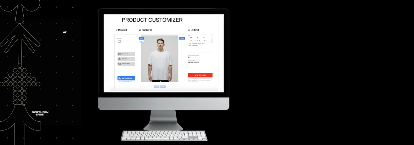 Wide view of an iMac screen showing the Northern Spirit product customizer interface for personalized apparel, including the design tools and T-shirt preview, centered on a dark minimalist background.