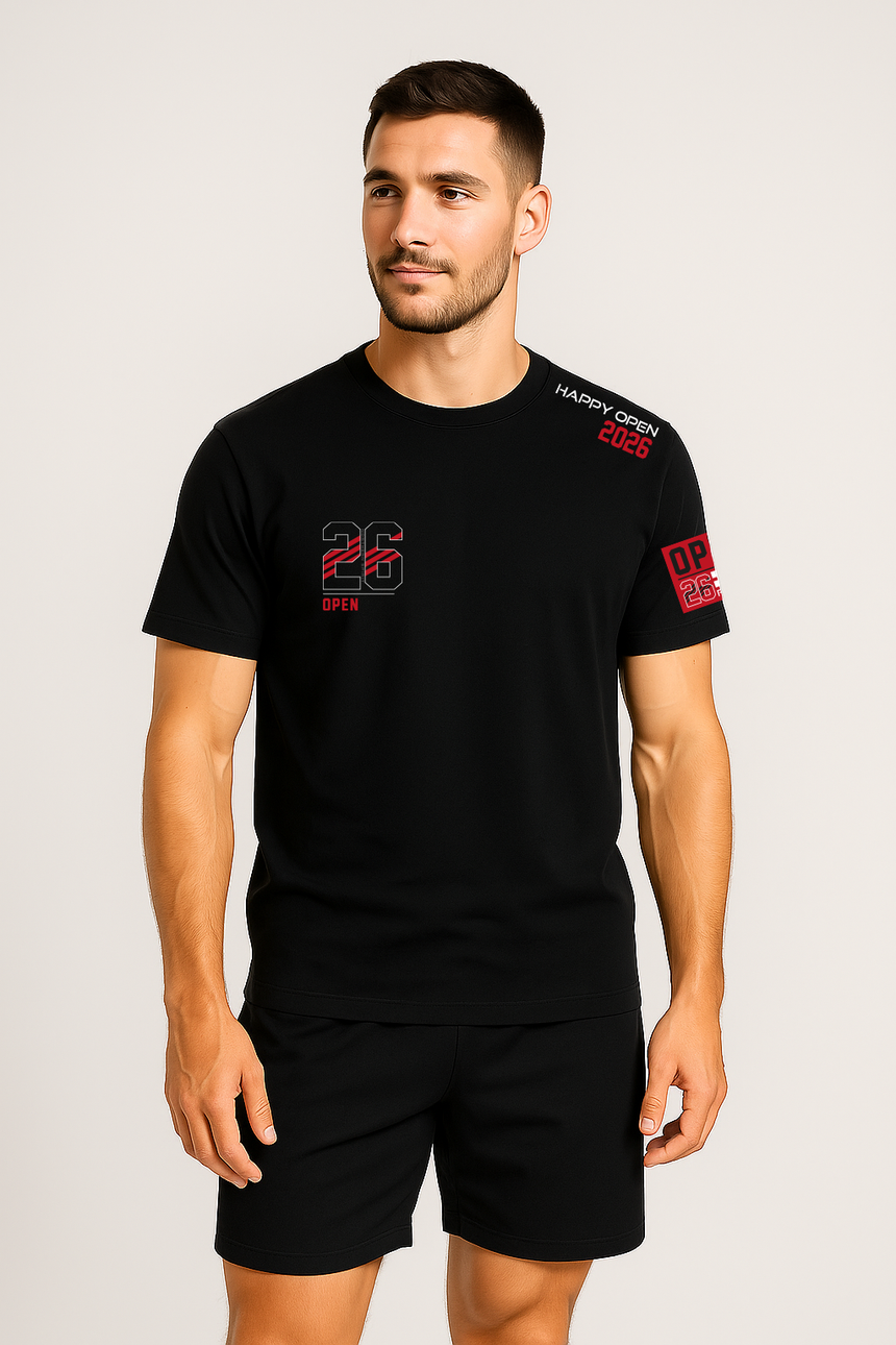 Men’s OPEN 2026 black training t-shirt front view featuring minimalist chest print and Happy Open 2026 shoulder detail by Northern Spirit