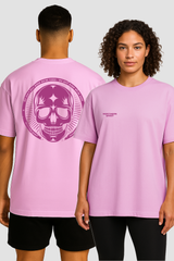Two people wearing pink t-shirts with a skull design on a plain background