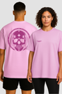 Two people wearing pink t-shirts with a skull design on a plain background