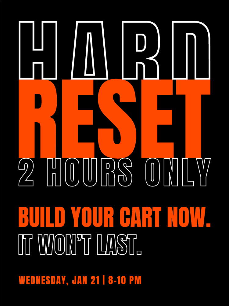 Hard reset clearance banner announcing a two-hour sale event, bold black and orange typography promoting a limited-time online offer.