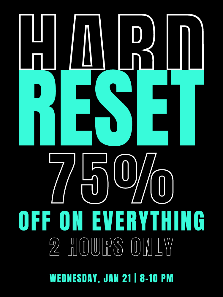 Hard reset clearance banner announcing a two-hour sale event, bold black and blue typography promoting a limited-time online offer.