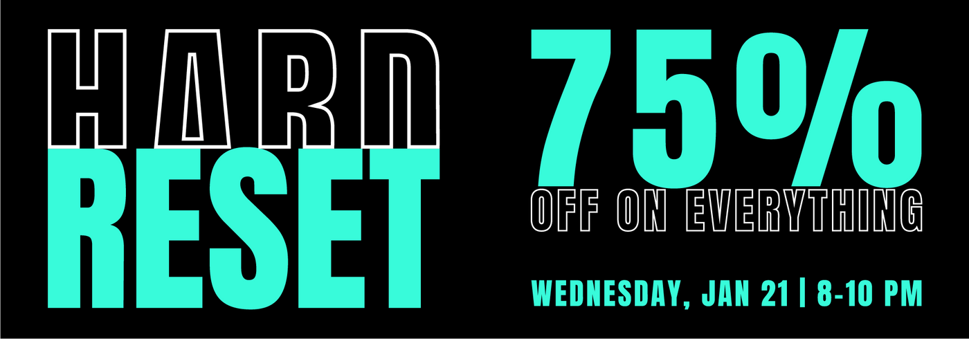 Hard reset sale banner with bold black and blue typography, promoting a two-hour limited online clearance event.