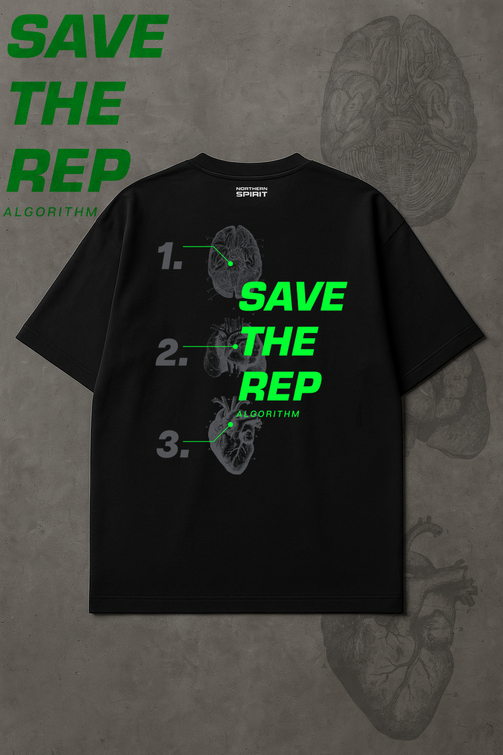 Unisex black oversized T-shirt Save The Rep Algorithm – back view flat lay, anatomical brain, heart, and lung print with neon green typography.