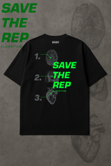 Unisex black oversized T-shirt Save The Rep Algorithm – back view flat lay, anatomical brain, heart, and lung print with neon green typography.