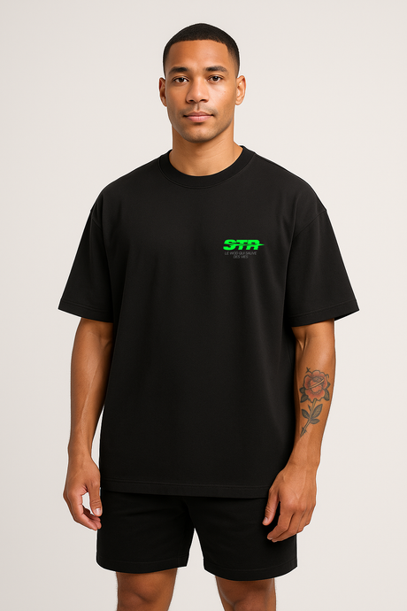Male model wearing black oversized Save The Rep Algorithm T-shirt, STR neon green logo on chest, Northern Spirit apparel.