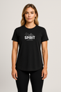 Woman wearing a fitted black Northern Spirit script logo T-shirt standing facing forward in a neutral studio setting