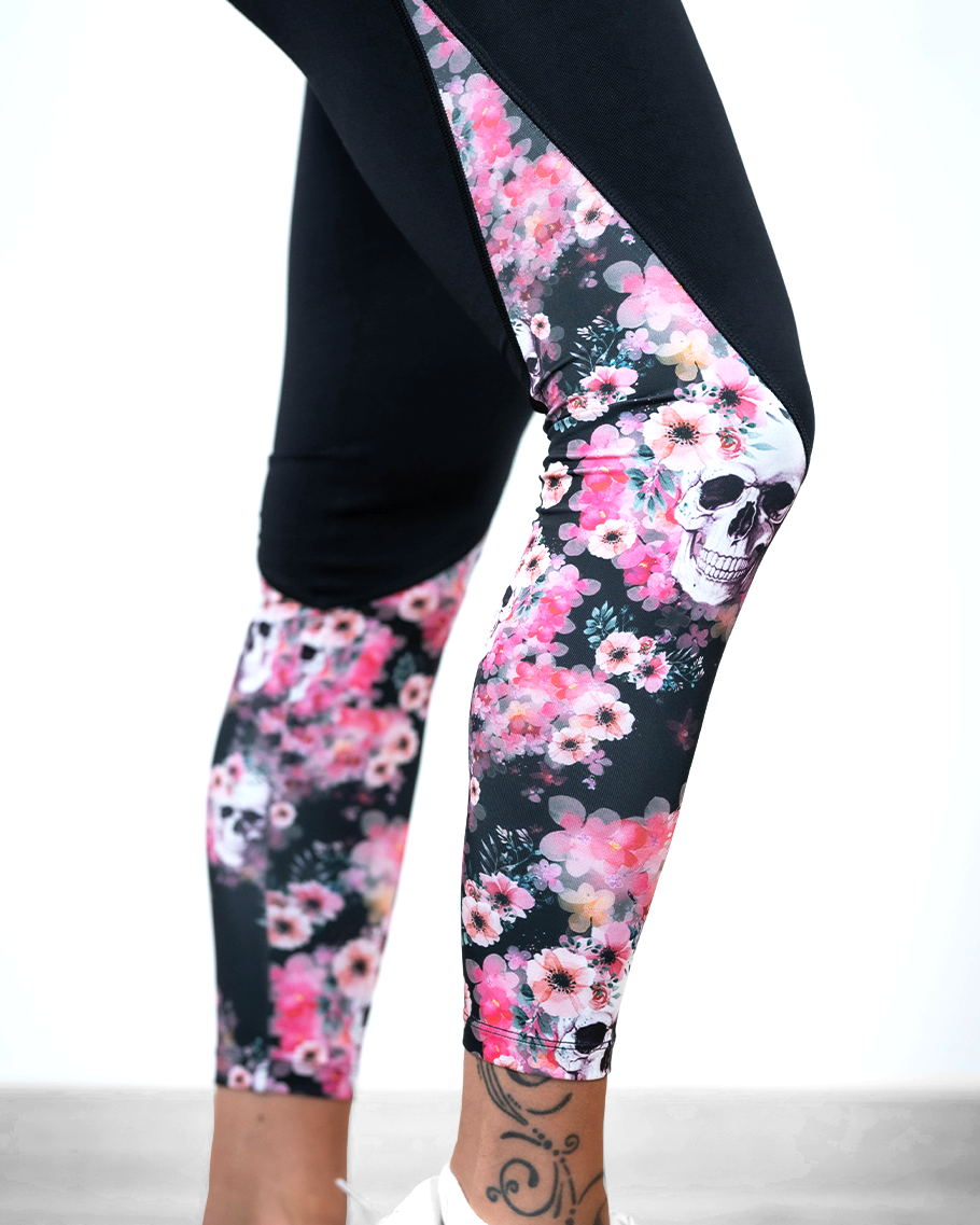 Pink Yoga Leggings with Black Half Skull line pattern – Rip Some